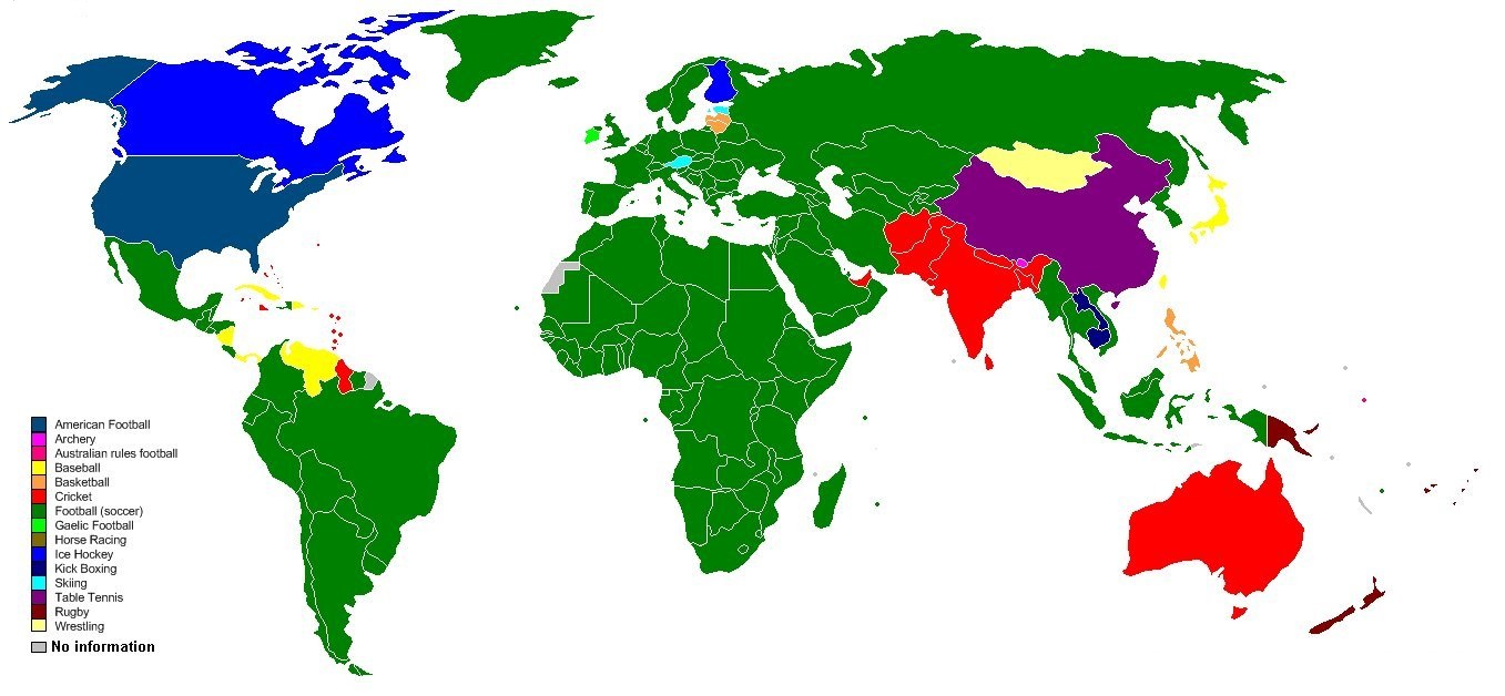 その国で最も人気のあるスポーツで色分けした世界地図 Footballologies